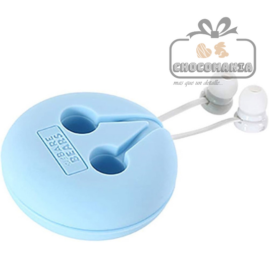 AUDIFONOS TIPO BOTON MINISO OSOS ESCANDALOSOS ESTUCHE Y MICROFONO AZUL - CHOCOMANIA