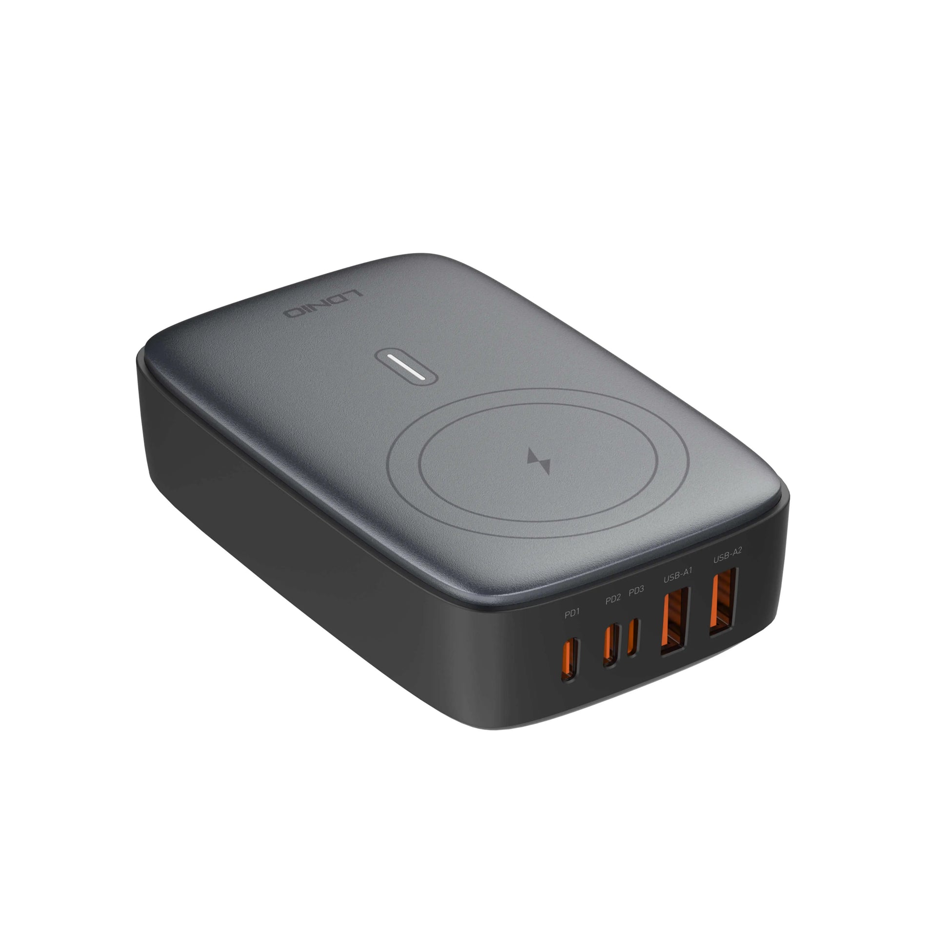 Cargador de escritorio LDNIO Q4010 con GaN 140W, 6 puertos + carga inalámbrica, plugs EU/US/UK y 9 protecciones. Ideal para laptop y móvil.