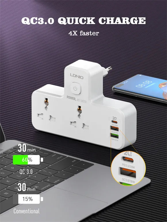 LDNIO SC2311 con 2 tomas AC, USB-C PD 20 W + USB-A QC, lámpara táctil y 2500 W. Ideal para velador, oficina y viajes. Versiones EU/UK/US.