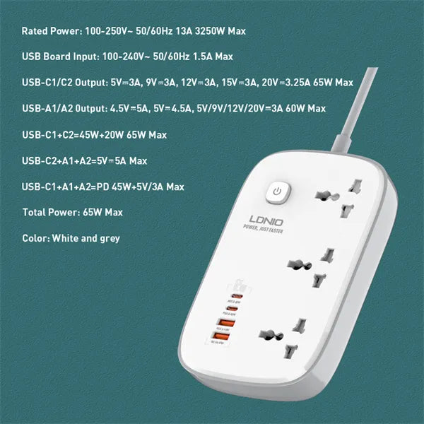 Regleta LDNIO SC3416 con 3 tomas universales y 4 USB (hasta 65 W), cable 2 m, safety door y 9 protecciones. Material ignífugo. Envíos a todo el Perú.