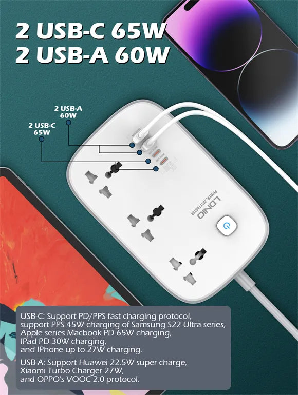 Regleta LDNIO SC3416 con 3 tomas universales y 4 USB (hasta 65 W), cable 2 m, safety door y 9 protecciones. Material ignífugo. Envíos a todo el Perú.