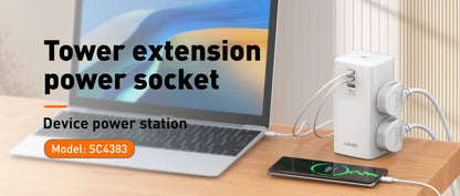 LDNIO SC4383 con 4 tomas universales, USB 70 W (2×USB-C + 1×USB-A), cable 2 m y 2500 W. Ideal para escritorio y home office. Envíos a todo el Perú.