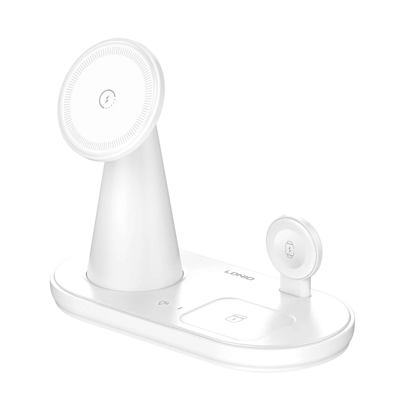 Organiza tu velador/escritorio con la LDNIO WL01: 5-en-1 con Qi 15W, reloj 2.5W, earbuds 5W, soporte magnético y luz LED. Menos cables, más orden.