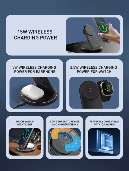 Organiza tu velador/escritorio con la LDNIO WL02: Qi 15W, reloj 2.5W, earbuds 5W, imán N52 y luz LED 3W. Menos cables, más orden.