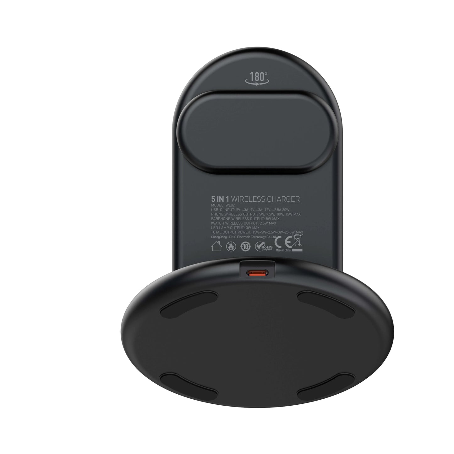 Organiza tu velador/escritorio con la LDNIO WL02: Qi 15W, reloj 2.5W, earbuds 5W, imán N52 y luz LED 3W. Menos cables, más orden.