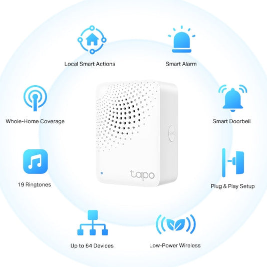 Tapo H100 conecta hasta 64 dispositivos Tapo, actúa como alarma y timbre inteligente. Control total desde la app. ¡Crea tu hogar inteligente hoy!