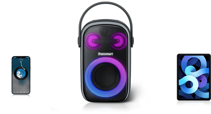 Parlante Bluetooth Tronsmart Halo 100 con sonido potente, bajos marcados y luces RGB. Ideal para fiestas, reuniones y eventos.