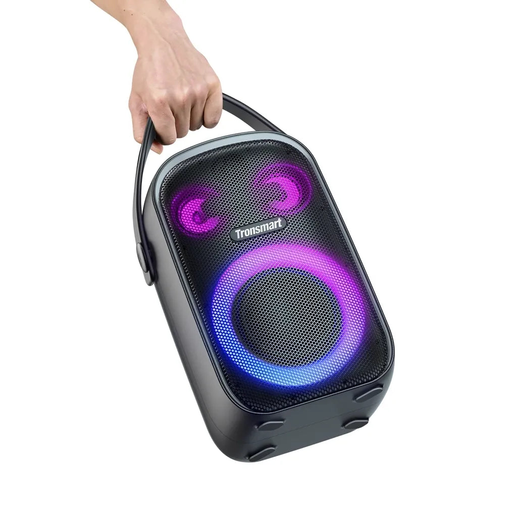 Parlante Bluetooth Tronsmart Halo 100 con sonido potente, bajos marcados y luces RGB. Ideal para fiestas, reuniones y eventos.