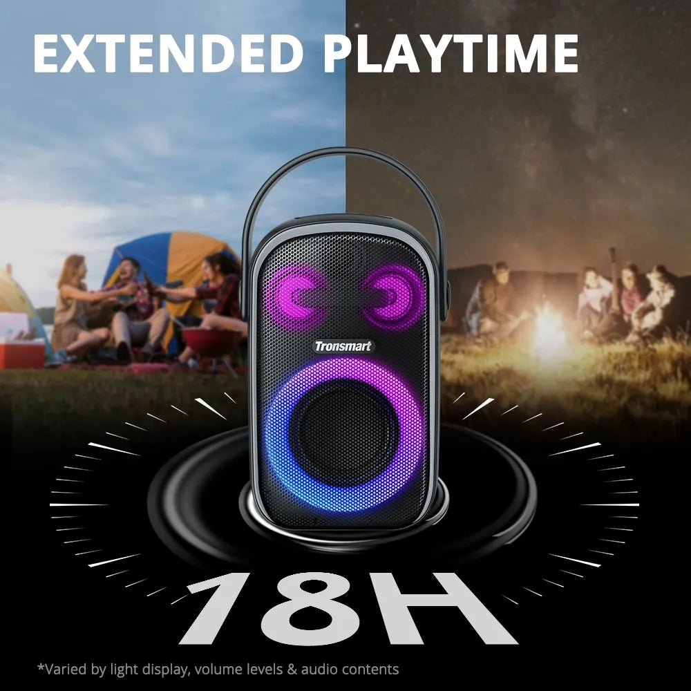 Parlante Bluetooth Tronsmart Halo 100 con sonido potente, bajos marcados y luces RGB. Ideal para fiestas, reuniones y eventos.