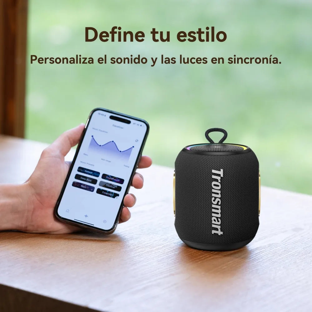 Tronsmart T8 Mini: 16W, IPX7, hasta 20 h (LED off), TWS, sonido 360°, BT 5.3, AUX y TF. Compacto y potente para exteriores y viajes.