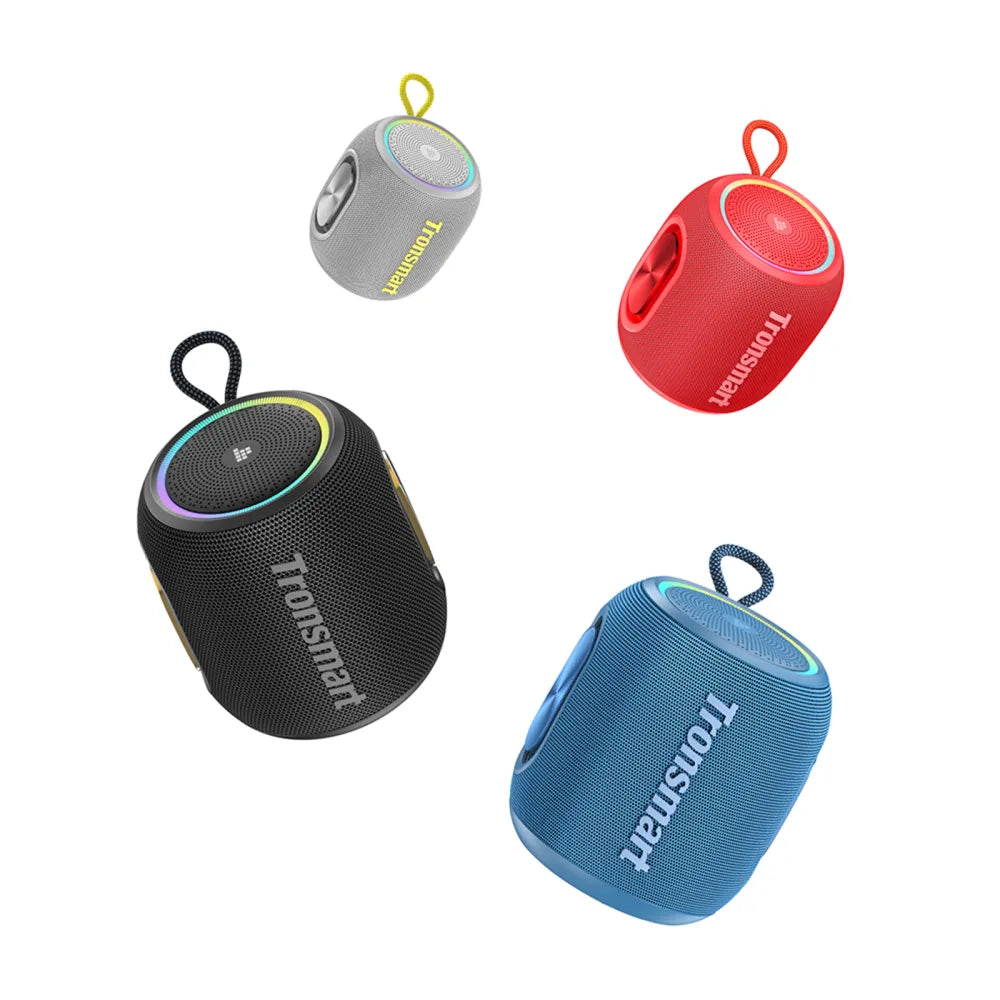 Tronsmart T8 Mini: 16W, IPX7, hasta 20 h (LED off), TWS, sonido 360°, BT 5.3, AUX y TF. Compacto y potente para exteriores y viajes.